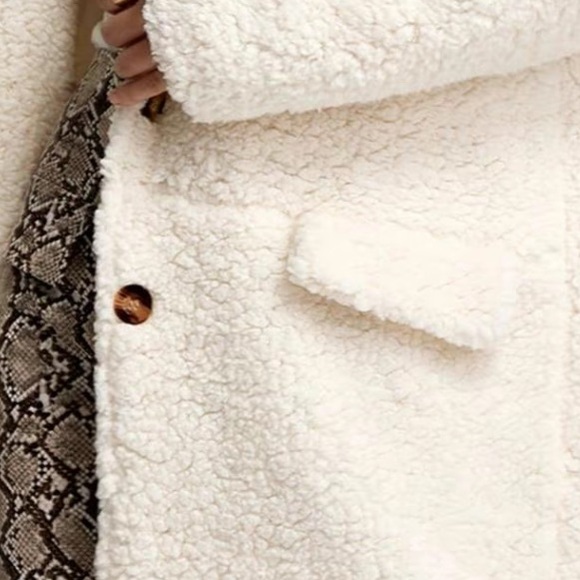 Size L Ivory BOHO lapel collar button front faux pockets lined plush Teddy coat - Picture 9 of 16